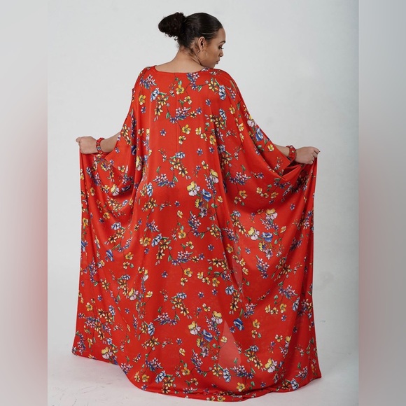 Red Multicolor Handmade Floral Print Oversized Maxi Kaftans Dress - Picture 4 of 7